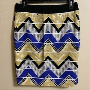 Trina Turk Bold Chevron Patterned Pencil Skirt with front pockets, slit